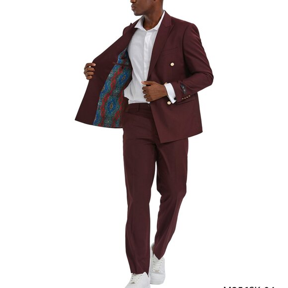 Burgundy Double Breasted Peak Lapel Gold Buttons Skinny Fit Men's Suit